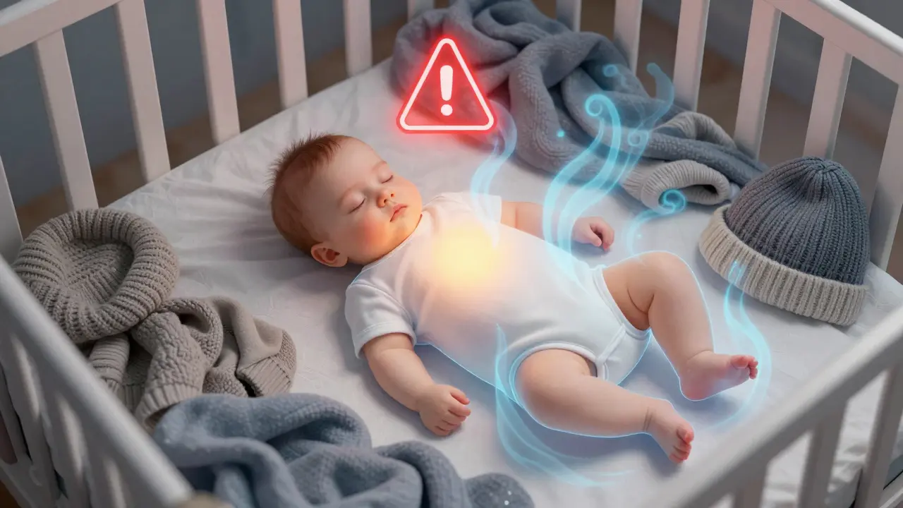 Miminko spí pod příliš mnoha vrstvami, zatímco jeho tělo potřebuje jen lehké oblečení a proudění vzduchu.