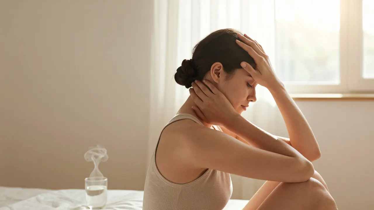 Osoba provádí denní antimigrenózní masáž ráno na posteli s podložkou pod krkem při světle dopadajícím slunci.