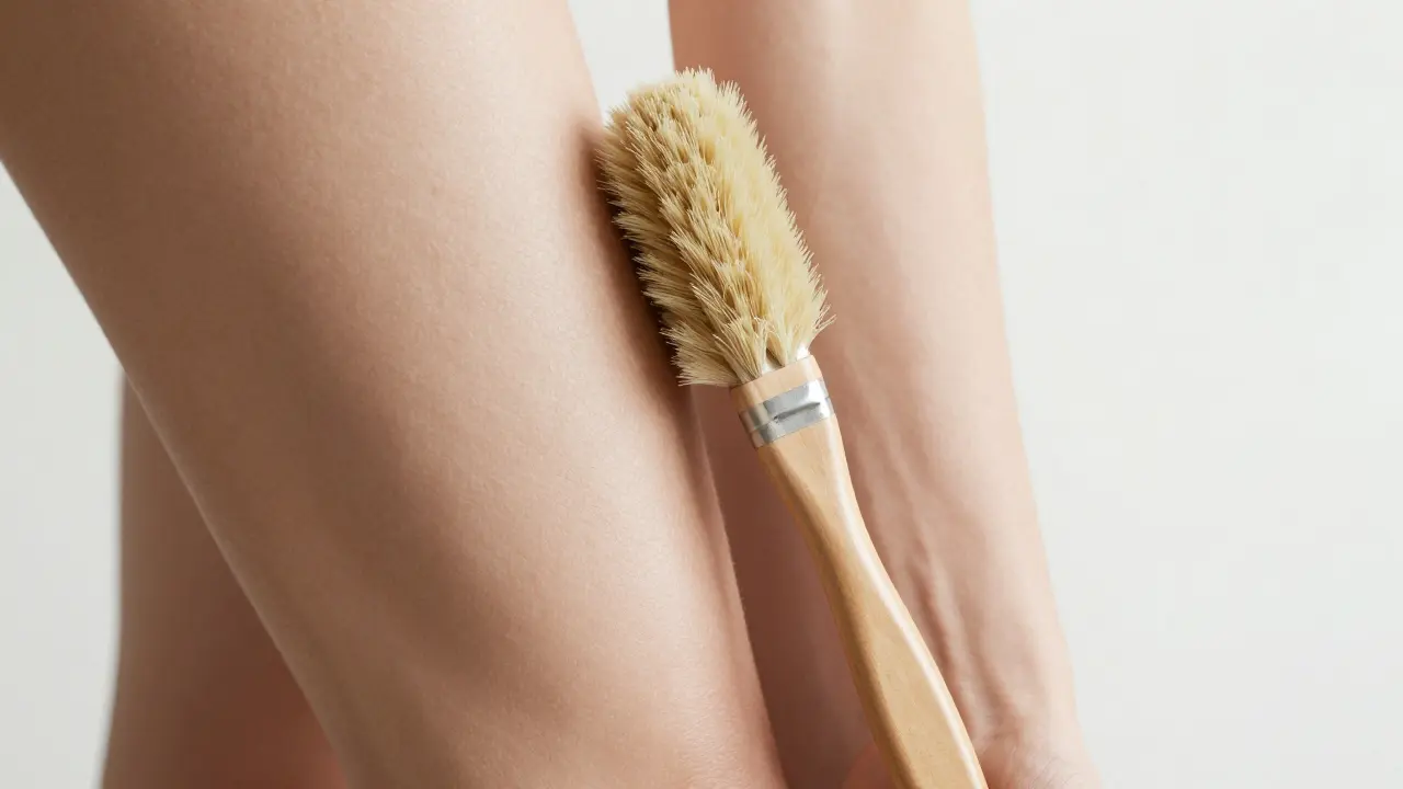 Porovnání textury kůže na stehně před a po pravidelné masáži kartáčem.