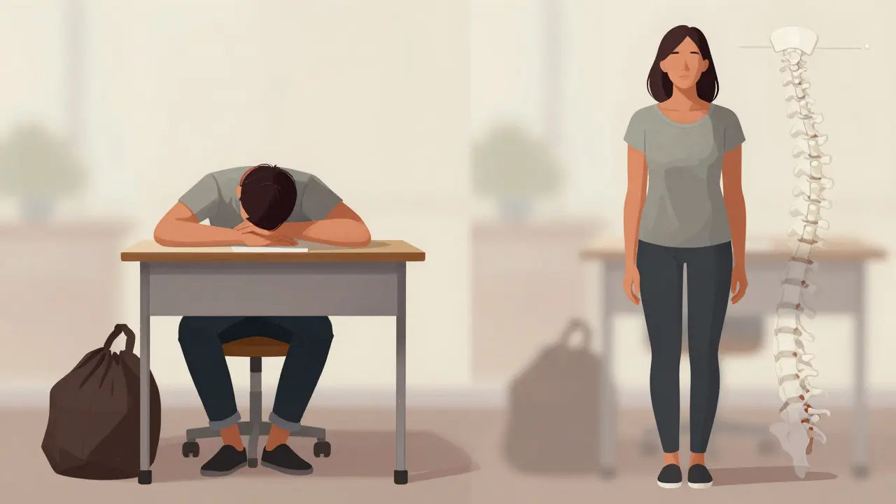 Před a po: jedna strana ukazuje nesymetrické držení těla, druhá strana rovnováhu a pohodlí.