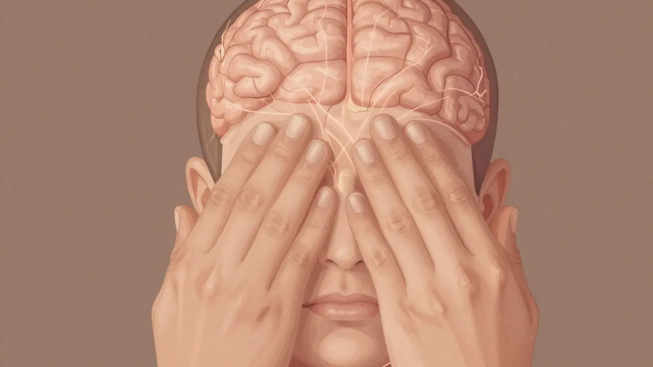 Ruce aplikují jemný tlak na klíčové body pod klíčními kostmi, za ušima a na čele s symbolickými spojeními k mozku.