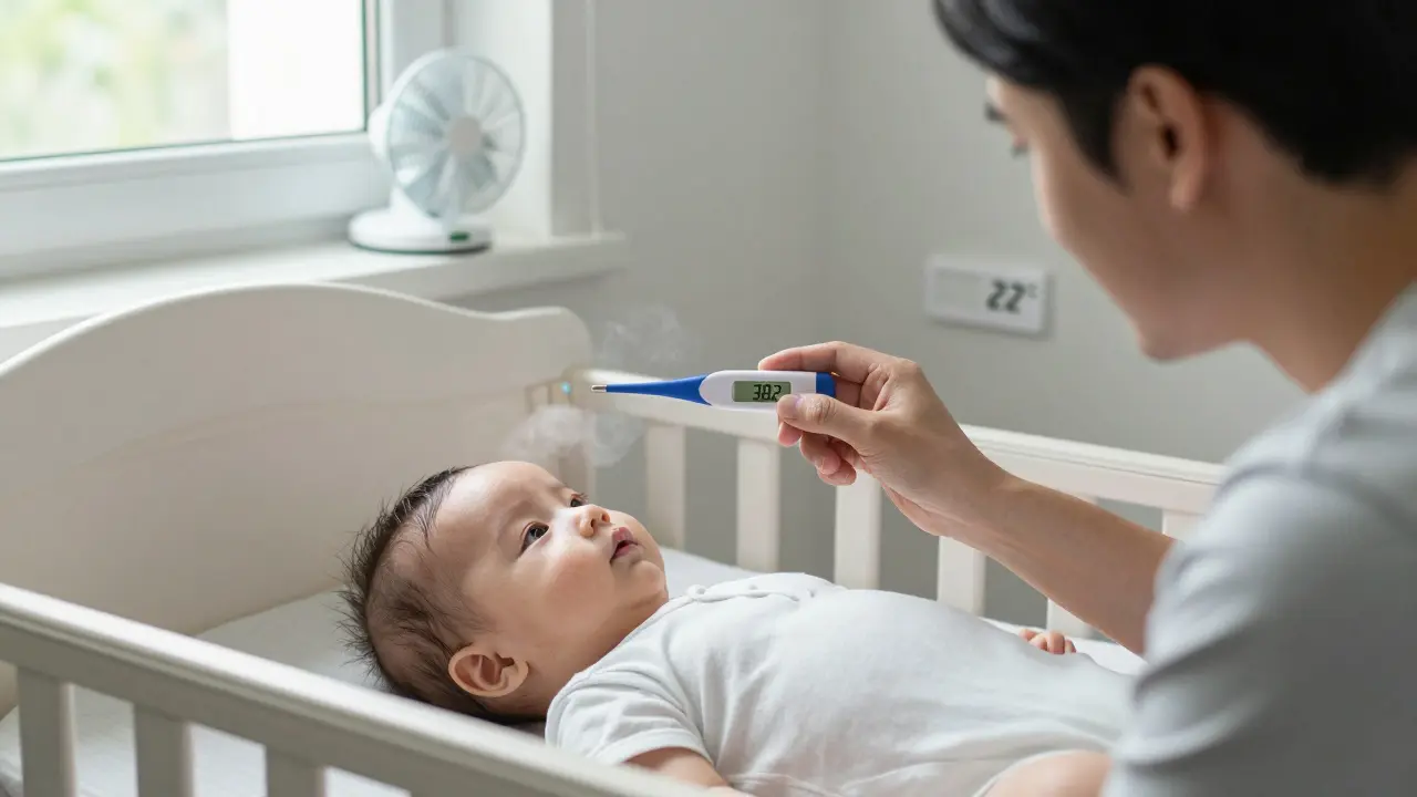 Termometr ukazuje teplotu 38,2 °C u miminka, které spí v čisté postýlce s mírným prouděním vzduchu.