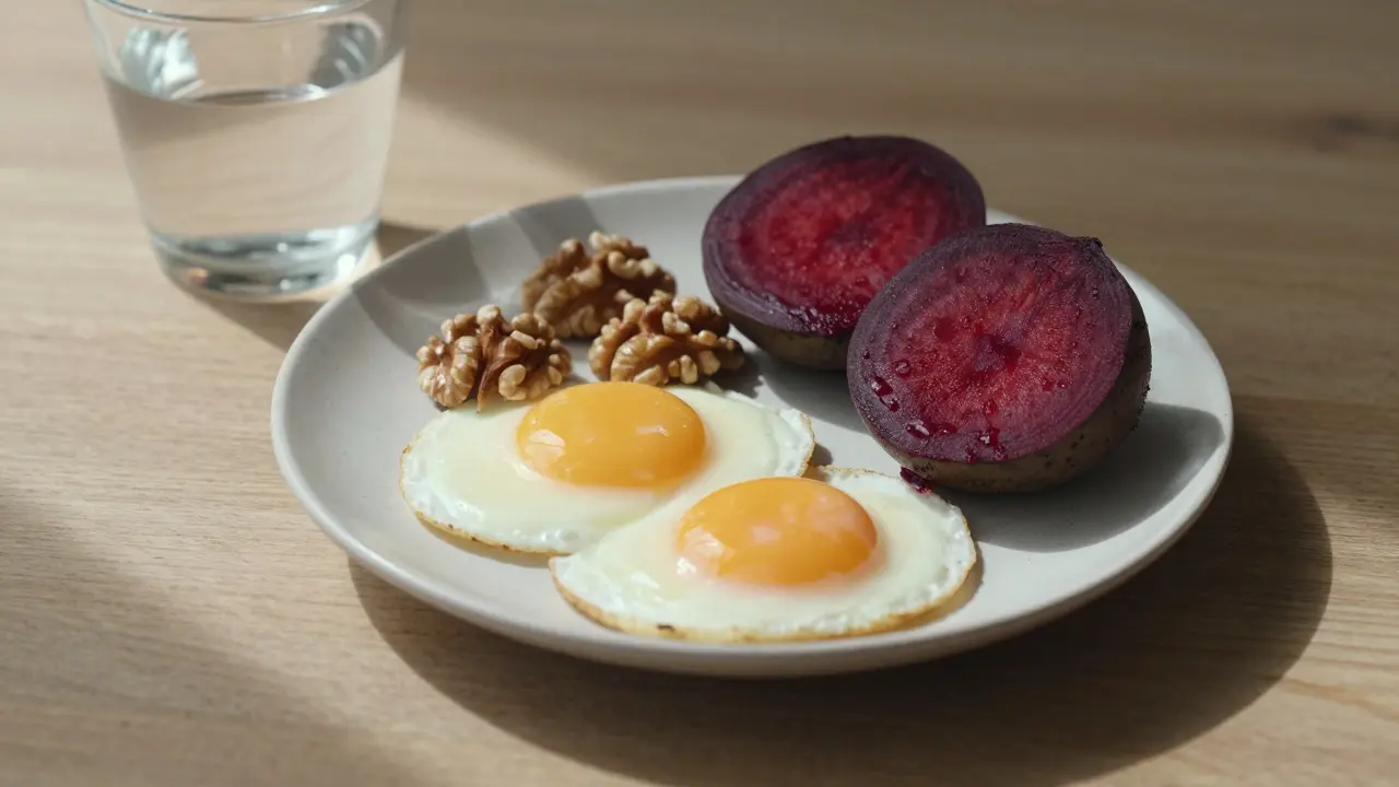Zdravá svačina s vejci, oříšky a červenou řepou pro péči o vlasy.