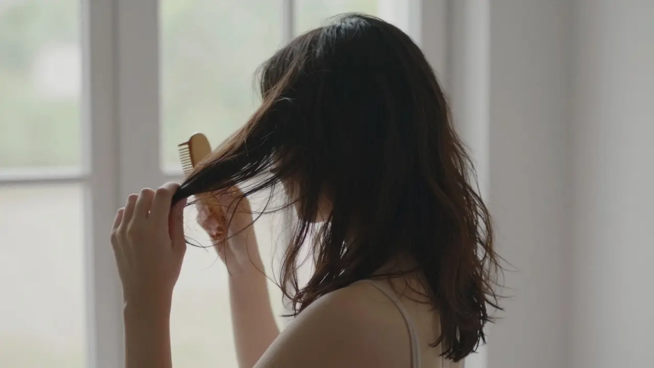 Žena nechává vlasy vyschnout přirozeně, používá bambusový hřeben a vyhýbá se sušičce.