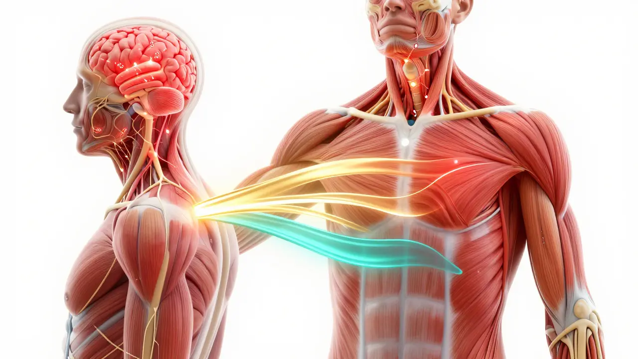 Abstraktní zobrazení nervové soustavy s bolestivými body přecházejícími v uklidňující zlaté vlny.