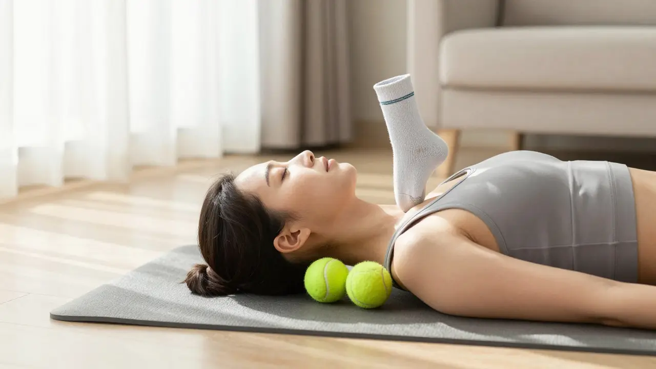 Člověk ležící na podložce s tenisovými míčky pod základnou lebky.