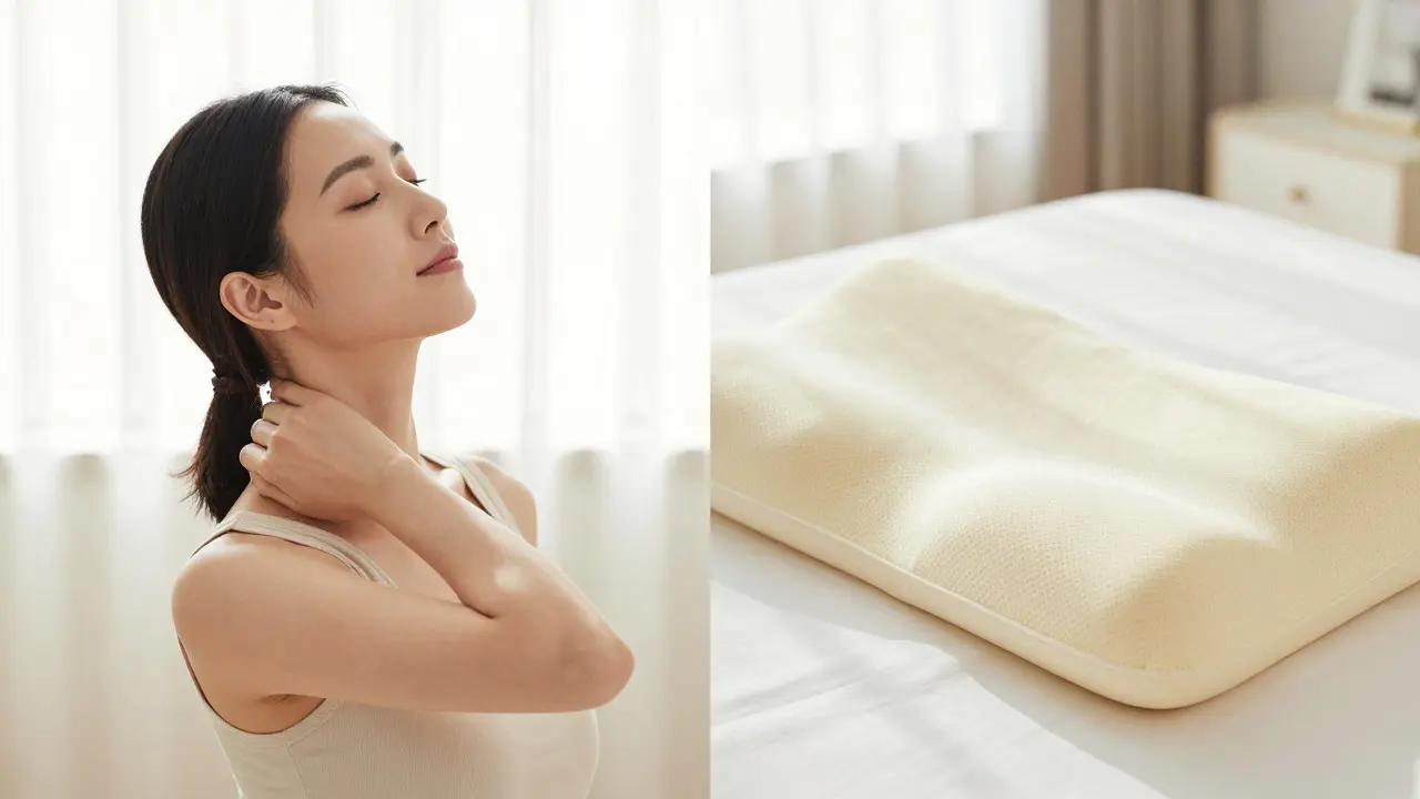 Člověk provádějící protahování krku vedle ergonomického polštáře.