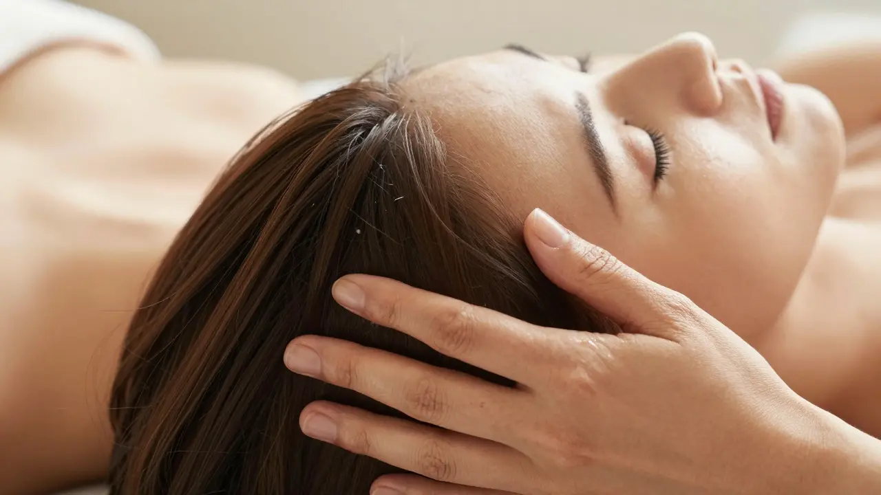 Detail rukou provádějících relaxační masáž hlavy s použitím aromatického oleje.