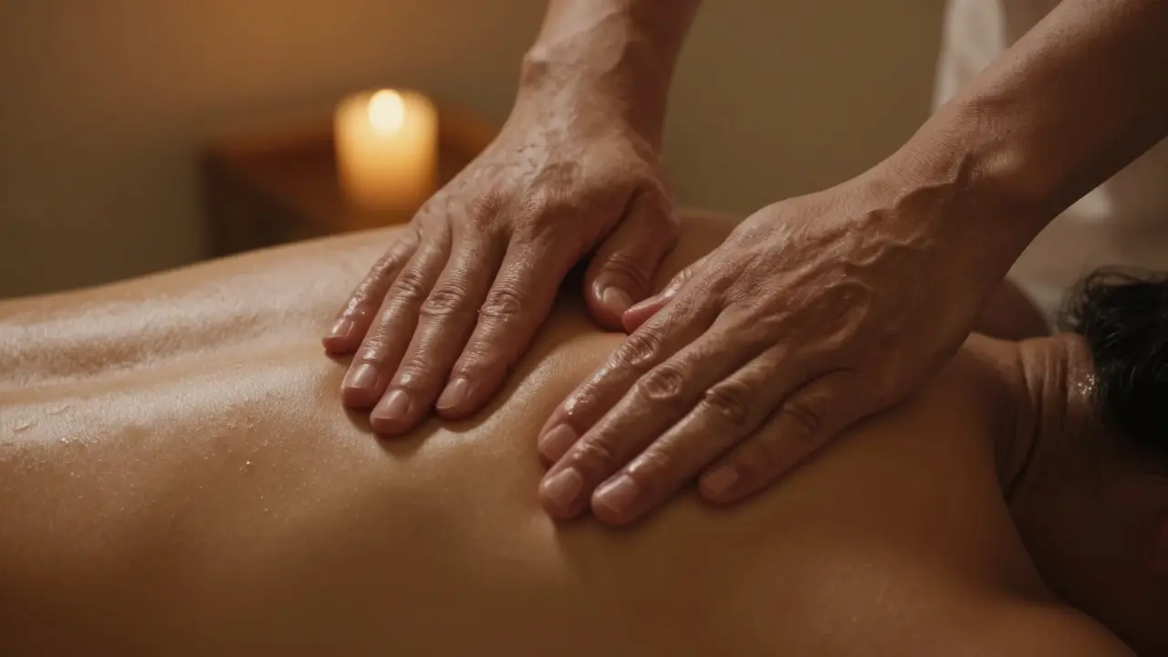 Detailní pohled na relaxační masáž ramen s teplým, uklidňujícím osvětlením.