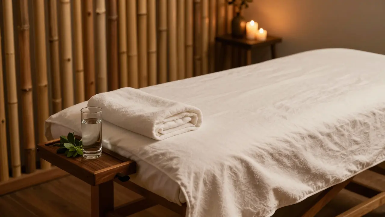 Klidný interiér wellness studia s masážním stolem a svíčemi.