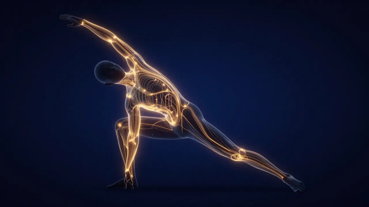 Konceptuální zobrazení energetických linií Sen v lidském těle pomocí zlatého světla.