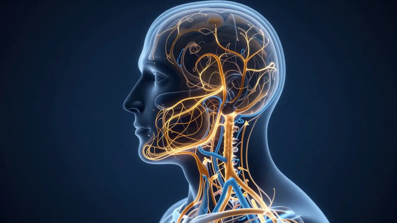 Konceptuální zobrazení lymfatického systému a proudění toxinů z obličeje směrem k krku.