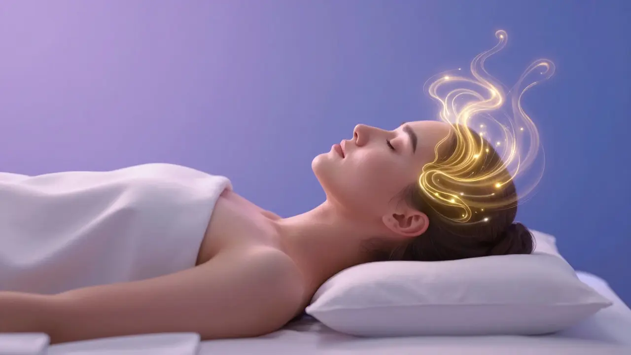 Konceptuální zobrazení uvolnění energie a hlubokého klidu po indické masáži hlavy.