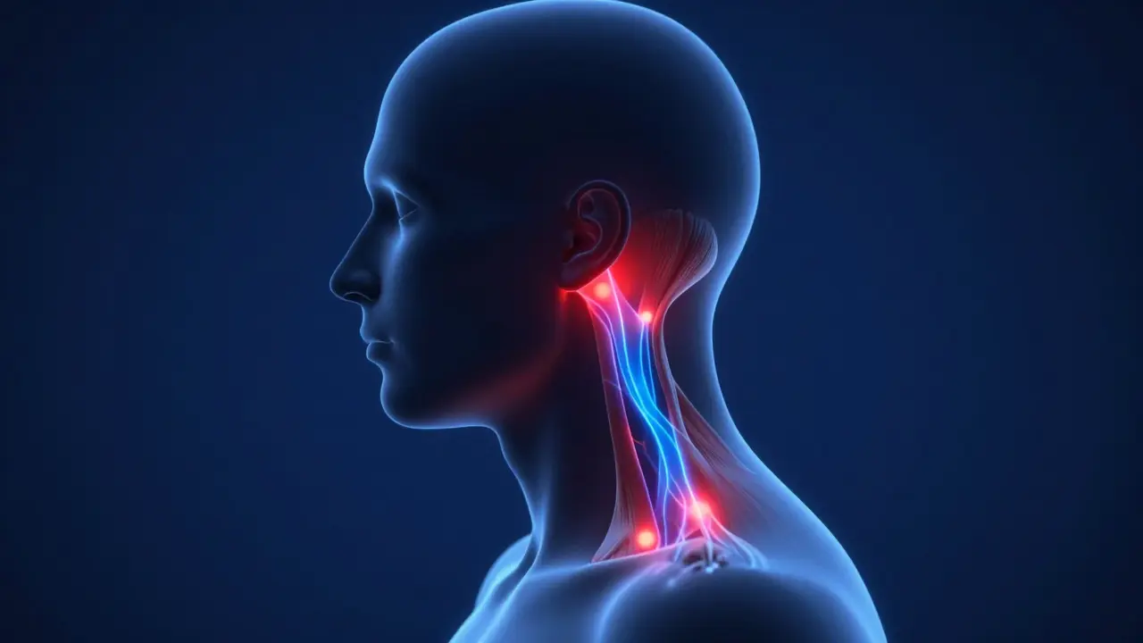 Konceptuální zobrazení uvolnění napětí v krku a hlavě při migréně.