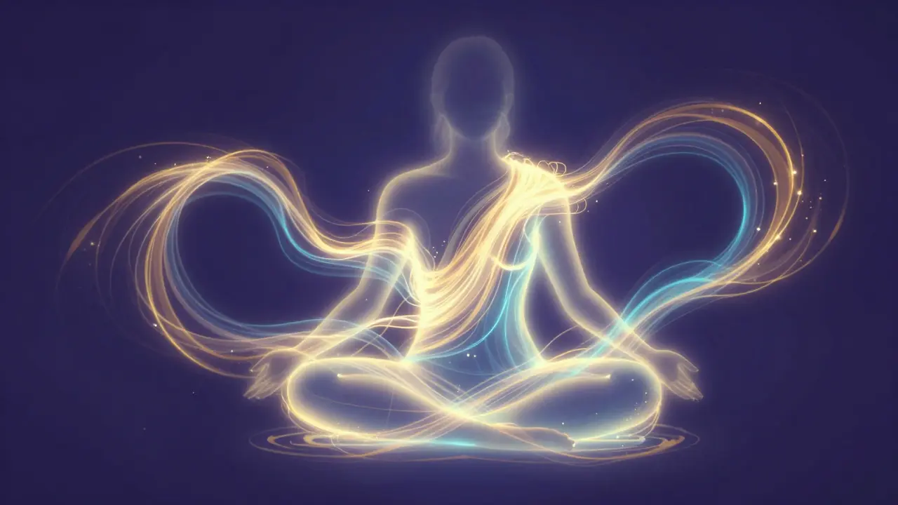 Konceptuální zobrazení životní energie Mana proudící lidským tělem.