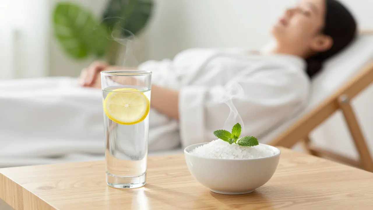 Sklenice vody a miska s epsomskou solí jako součást regenerace po thajské masáži.