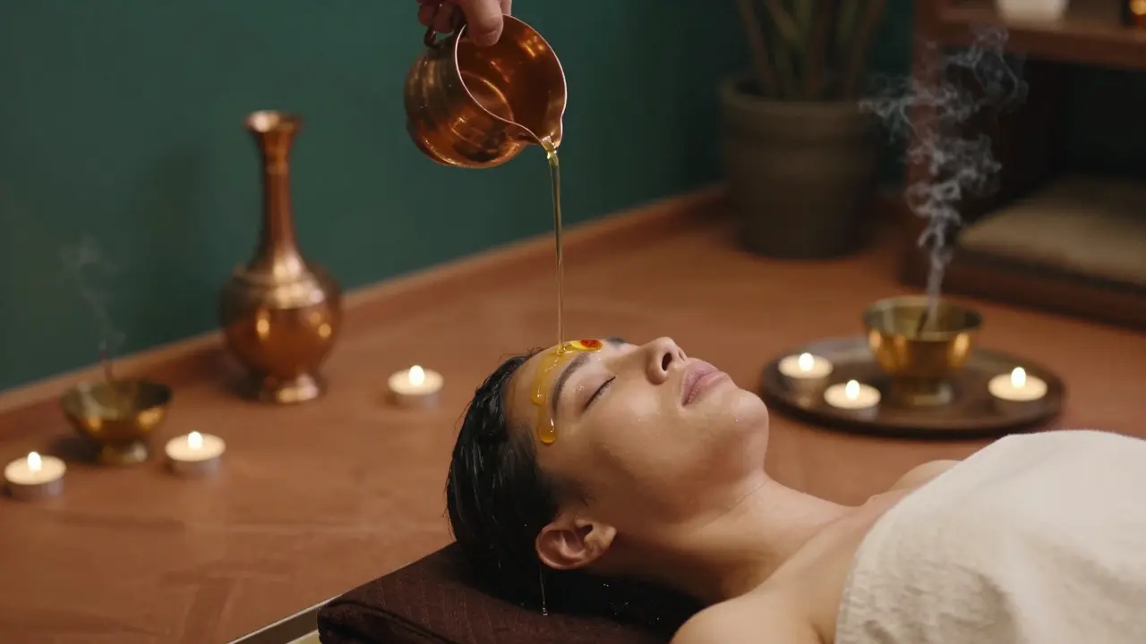 Tradiční rituál Shirodhara s proudem teplého zlatého oleje dopadajícím na střed čela.