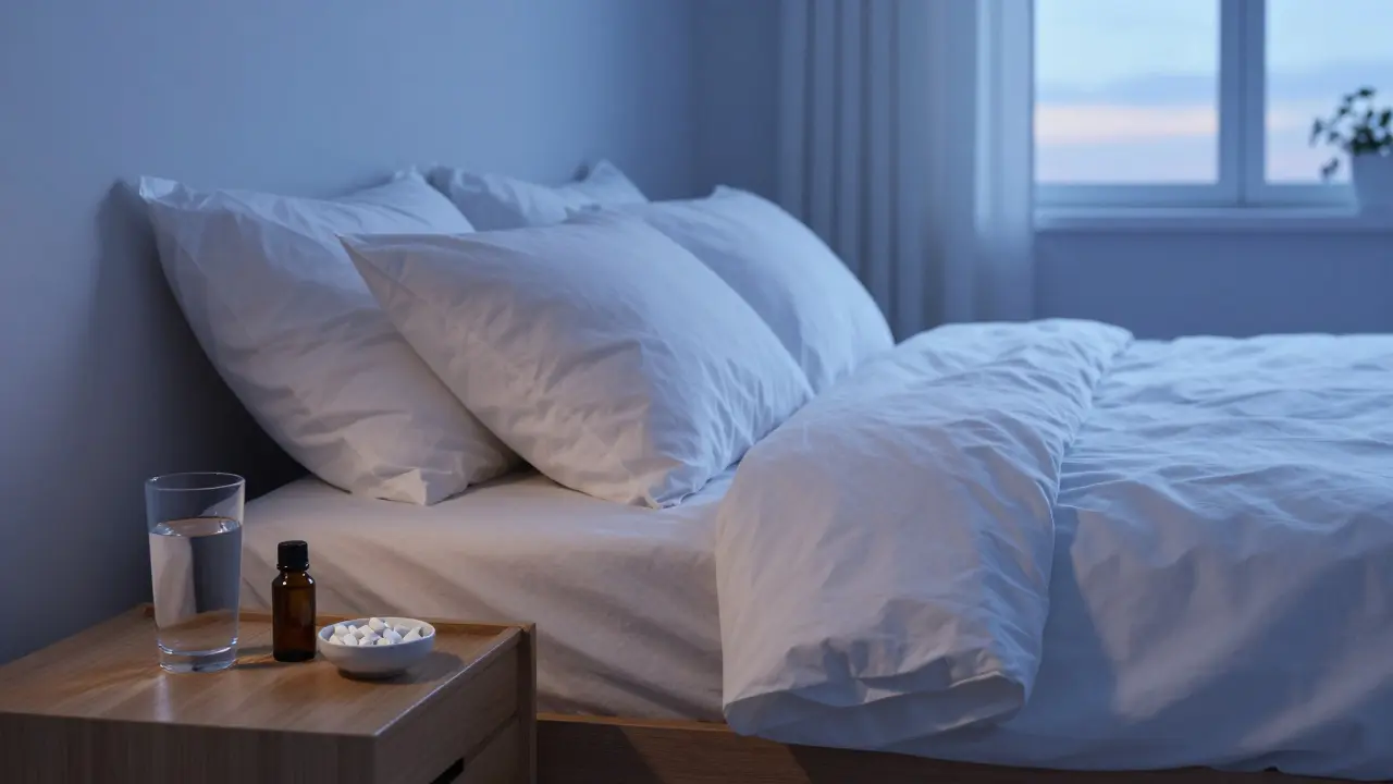 Uklidněná ložnice připravená pro zdravý spánek s detaily rituálu relaxace.