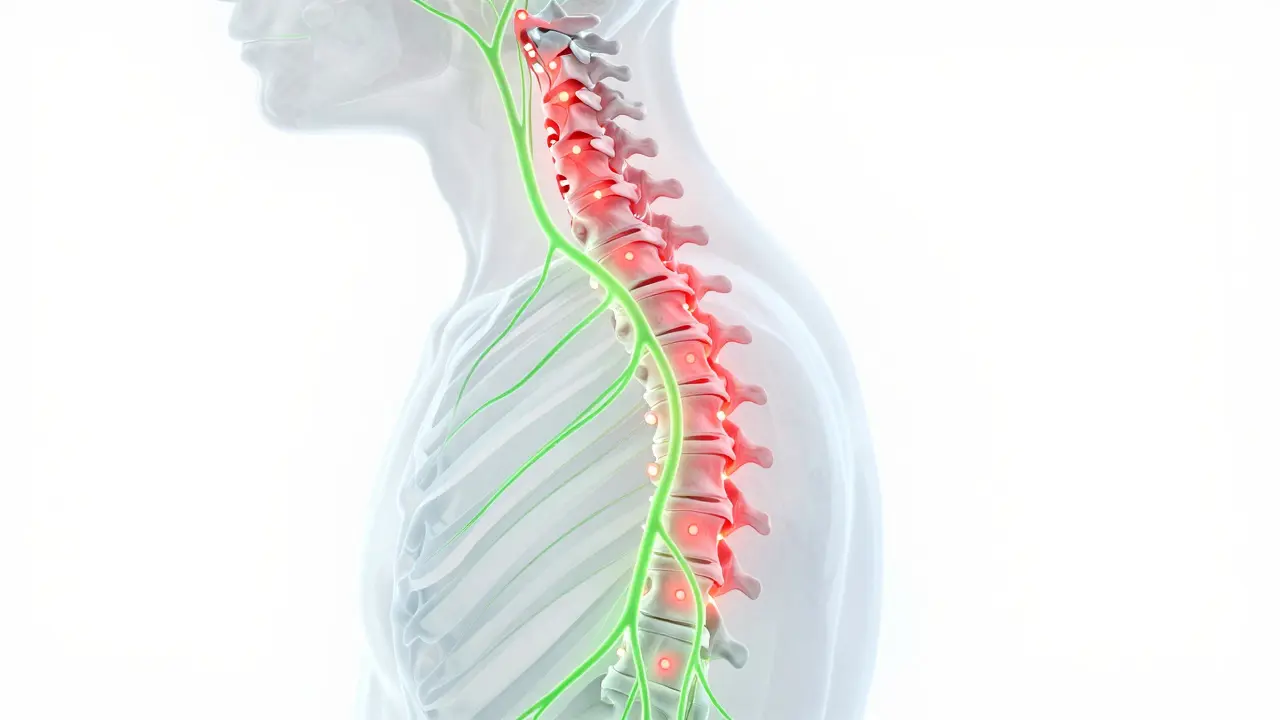 Anatomická ilustrace páteře psa s označeným tlakem na nervy