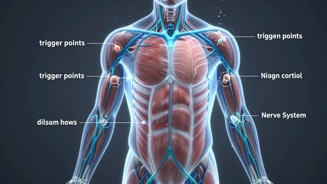 Anatomická ilustrace ukazující zlepšení cirkulace a uvolnění svalů během masáže.