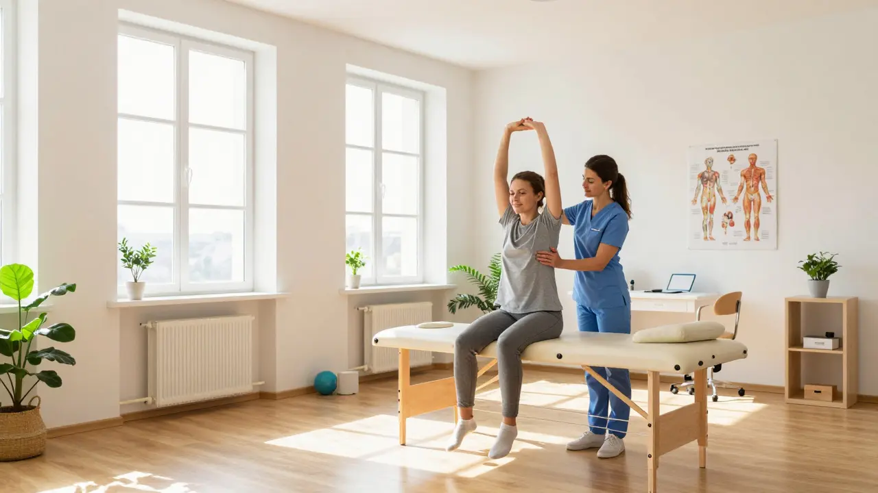 Klidná fyzioterapeutická ordinace s pacientem při cvičení
