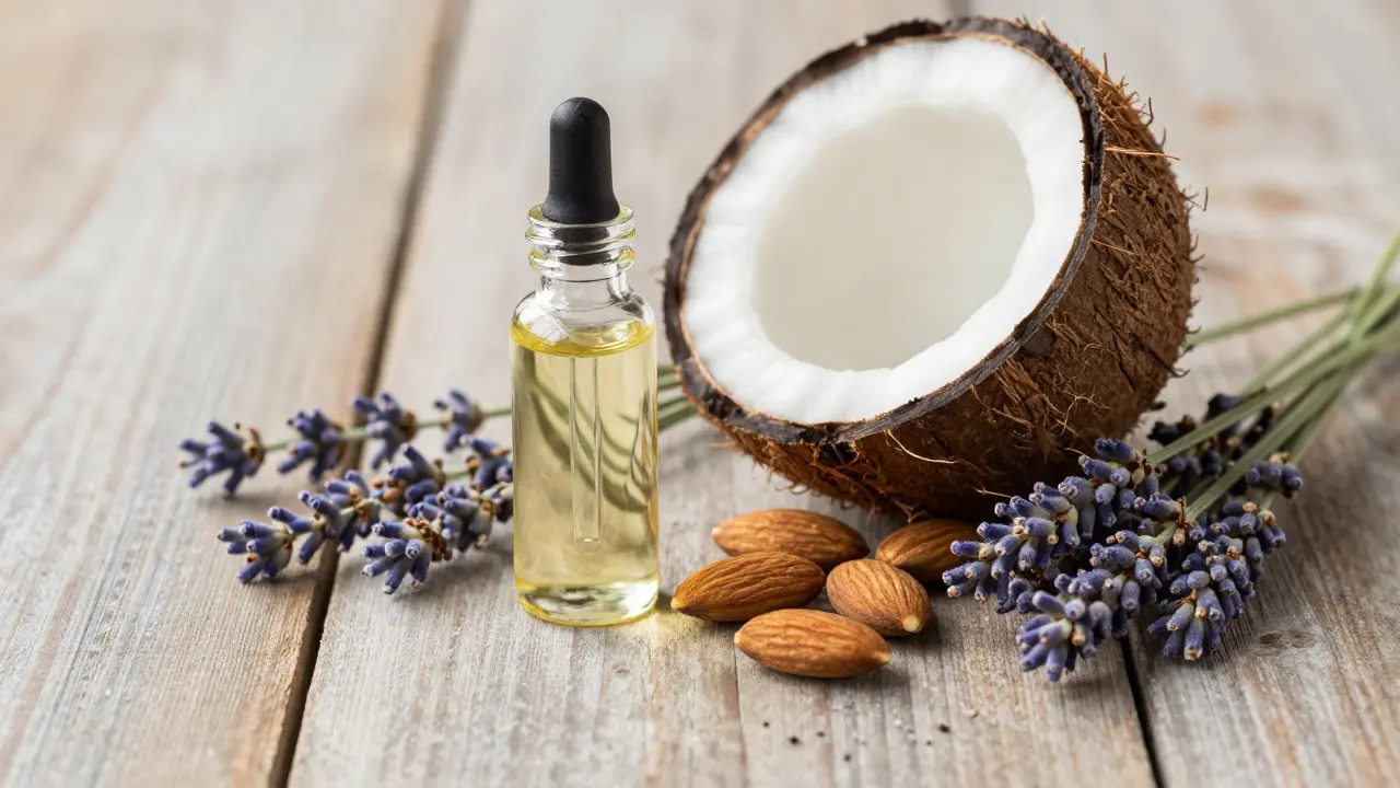 Přírodní ingredience pro masáž: olej, kokos a mandle na dřevě
