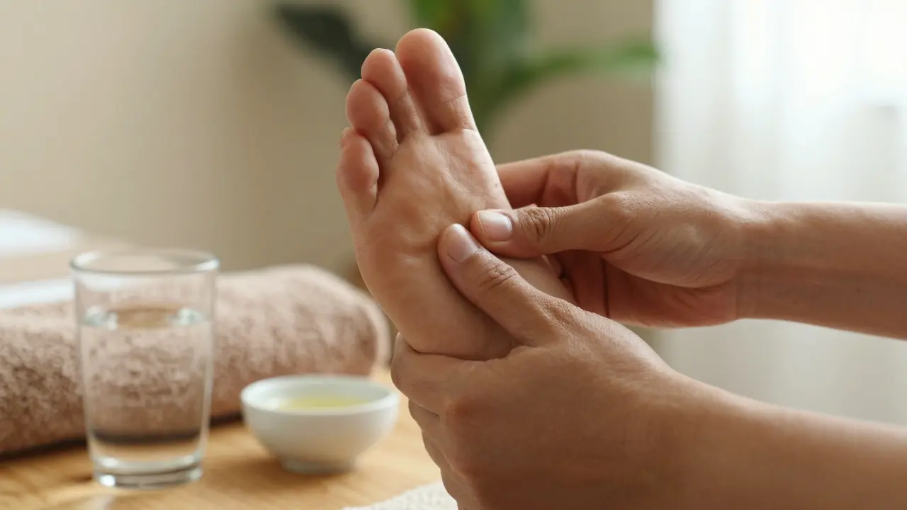 Detailní záběr masáže chodidla prsty terapeuta