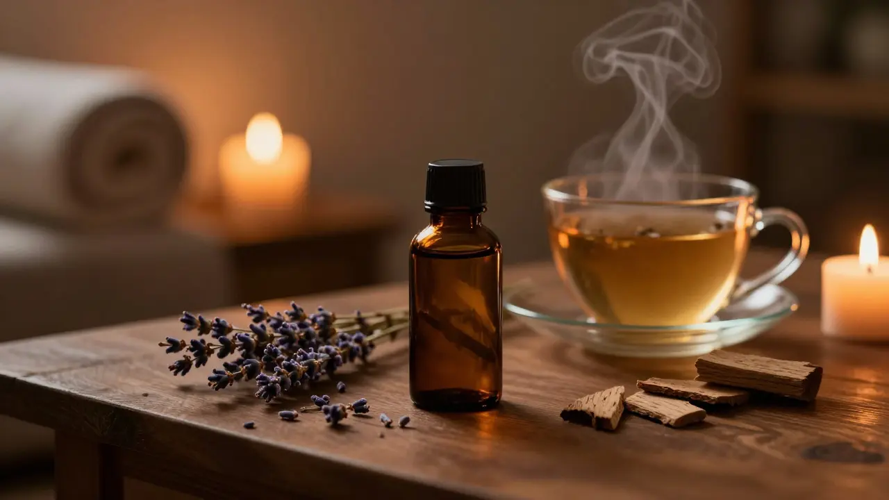 Kouzelná atmosféra domácí aromaterapie s masážním olejem a bylinkovým čajem