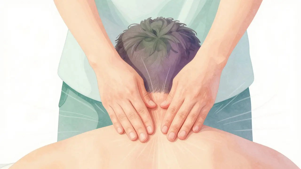 Ilustrace jemné masáže krční páteře s důrazem na uvolnění svalů