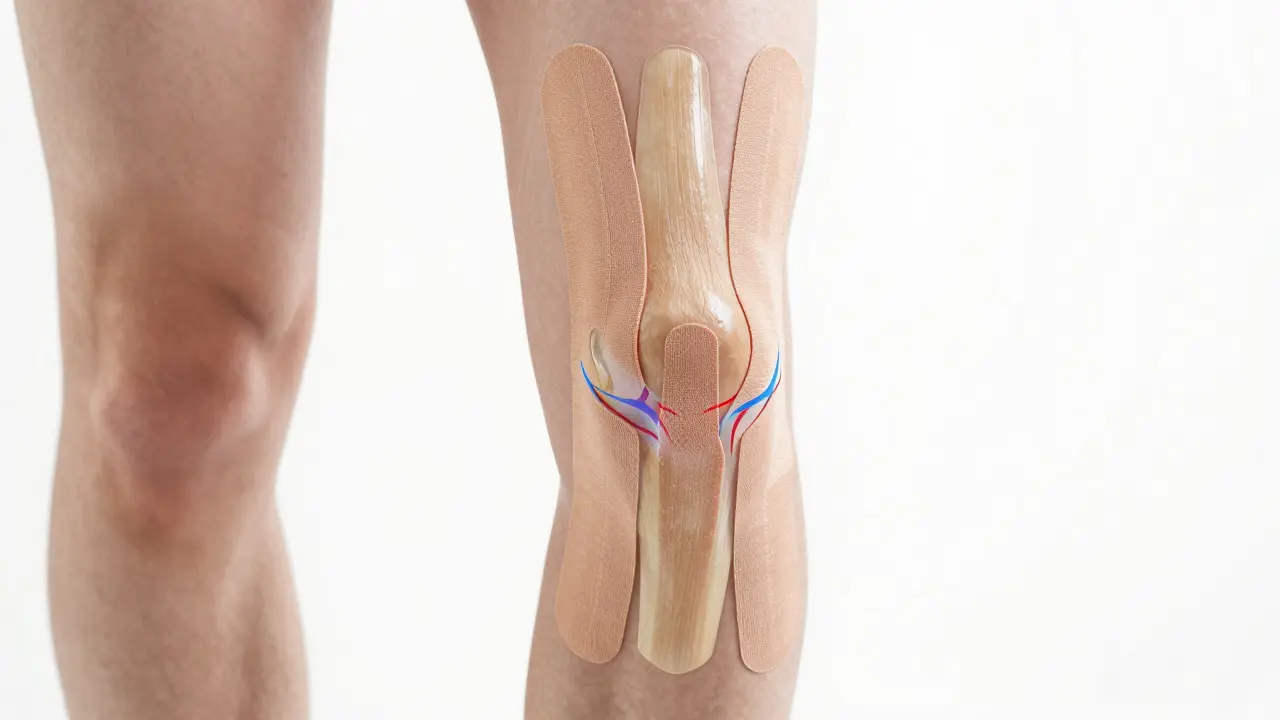 Konceptuální ilustrace tejpování kolene ukazující podporu patelly a mikrocirkulaci.