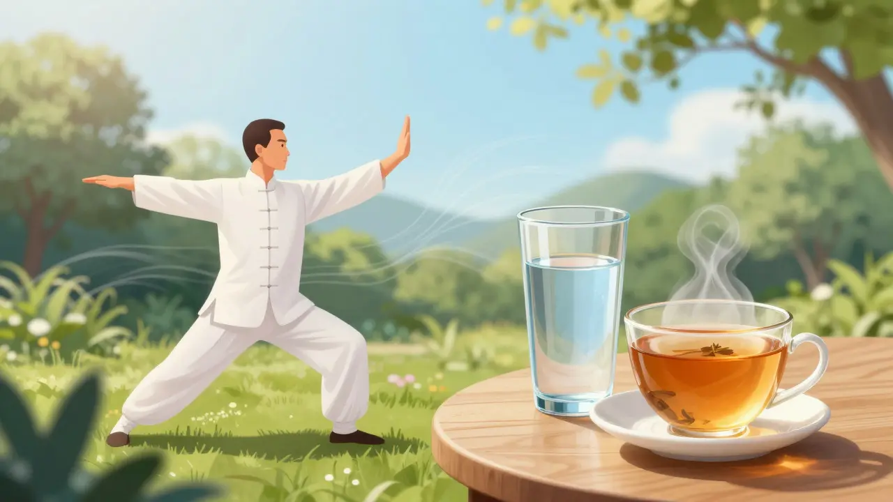 Osoba cvičící qigong v zahradě vedle sklenice vody a bylinkového čaje