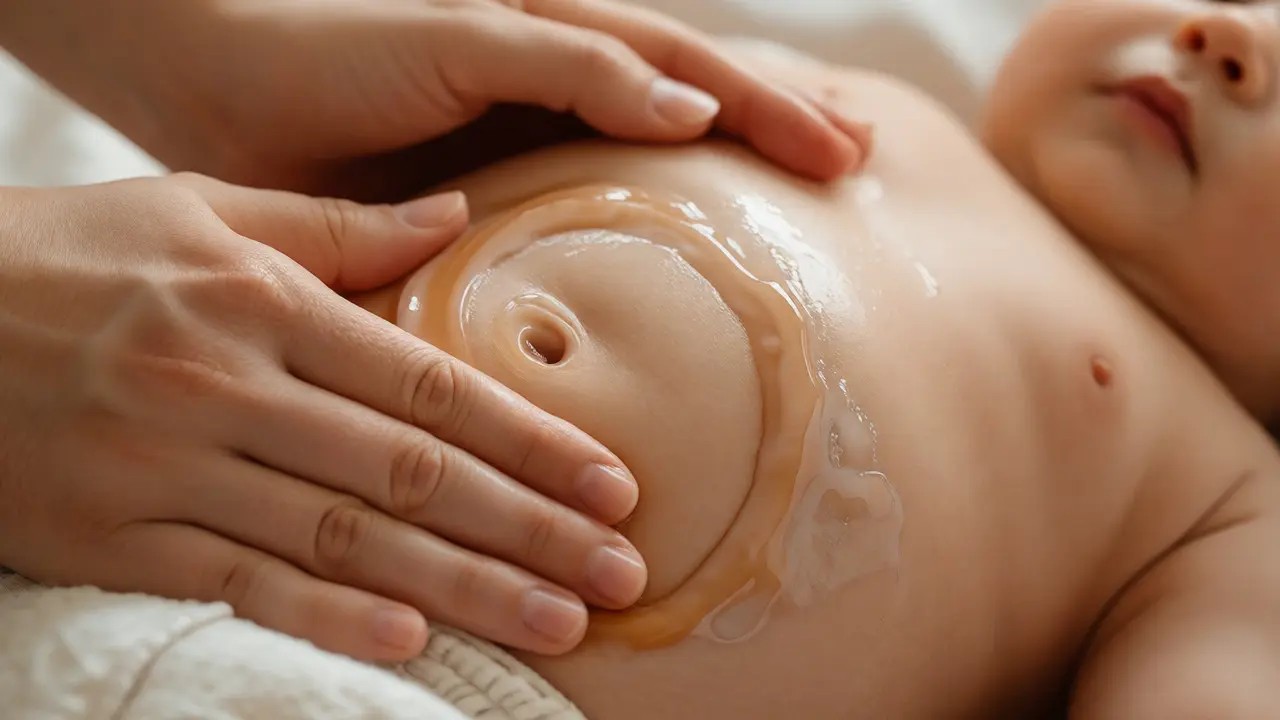 Detailní záběr na krouživou masáž bříška miminka pro lepší trávení.