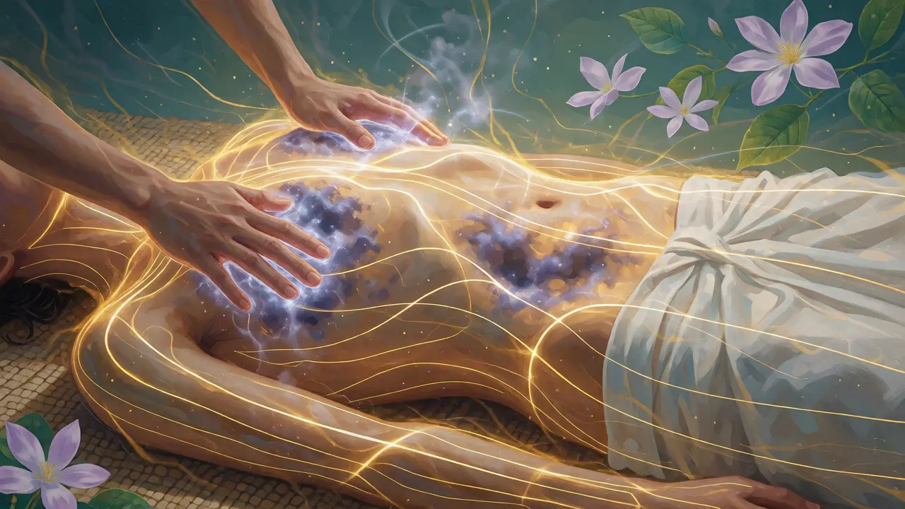 Ilustrace energetických linií uvolňujících emoce na těle