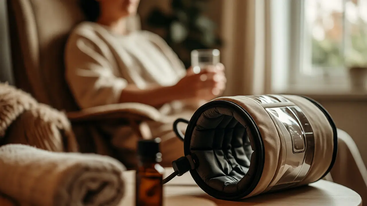 Relaxovaná osoba po proceduře drží sklenici vody vedle domácího přístroje